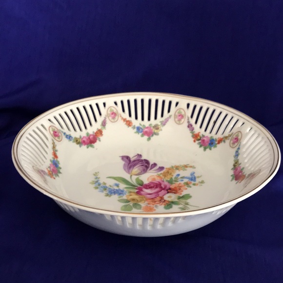 Vintage Bavaria Dresden Flowers Reticulated Pierced Round Serving Bowl - Picture 2 of 10